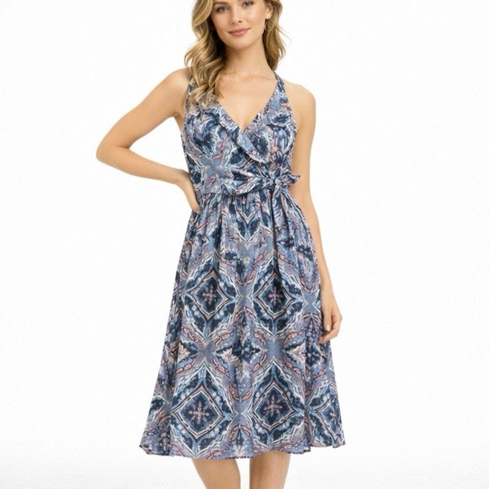 NEW Roxy Size M Rooftop Sunrise Strappy Midi Wrap Dress Blue V-Neck Bohemian